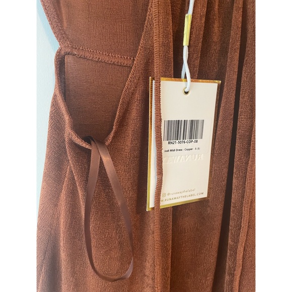 Runaway the Label Jodi Midi Slit Wrap Halter Tie Up Bodycon Dress Copper Brown - Picture 7 of 7